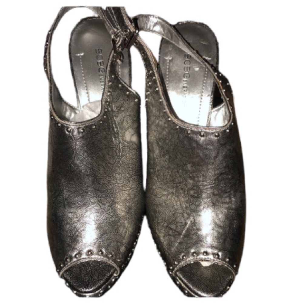 BCBGeneration size 10 metallic Silver slingback heels peep toe